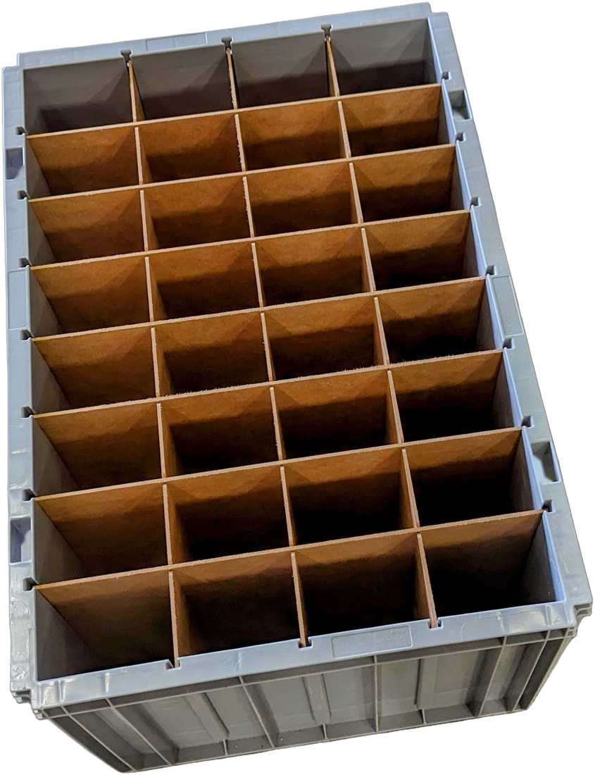 A grey storage bin seen from above, divided into 32 compartments (4 by 8) by brown HDF dividers.